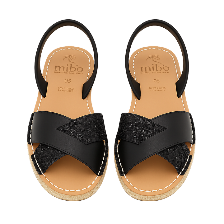 Sandale Cross din piele naturala - Glitter Negru
